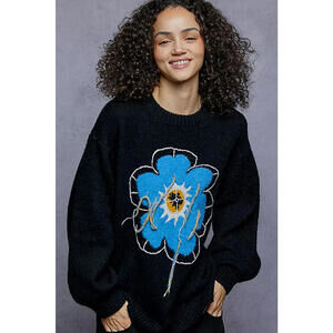Floral Pattern Round Neck Sweater with Exposed Stitching